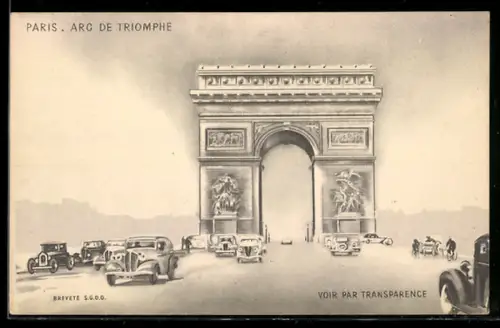AK Paris, L`Arc de Triomphe, Triumphbogen, Ansicht in Farbe bei Halt gegen das Licht