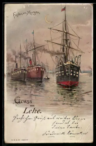 Lithographie Hamburg, Hafen am Morgen, Leuchtende Schiffs-Fenster und Mond bei Halt gegen das Licht