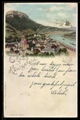 Lithographie Königstein, Flusspartie mit Kirche, leuchtender Mond und Fenster bei Halt gegen das Licht