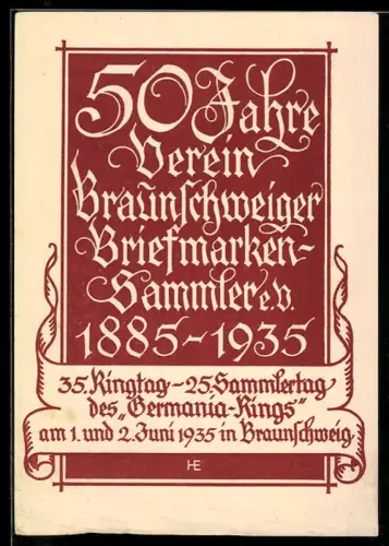AK Braunschweig, 50 Jahre Verein der Briefmarkensammler 1885-1935, 35. Ringtag des Germania-Rings, Ganzsache