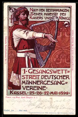Lithographie Kassel, 1. Gesangswettstreit Dt. Männergesangvereine 1899, Mann mit Harfe, Ganzsache