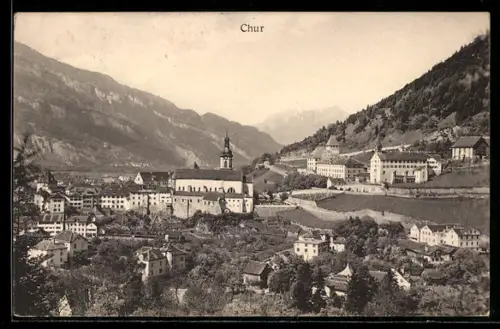 AK Chur, Stadtpanorama mit Kirche und Bergen