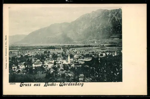 AK Buchs-Werdenberg, Panorama der Ortschaft mit Kirche und Bergen