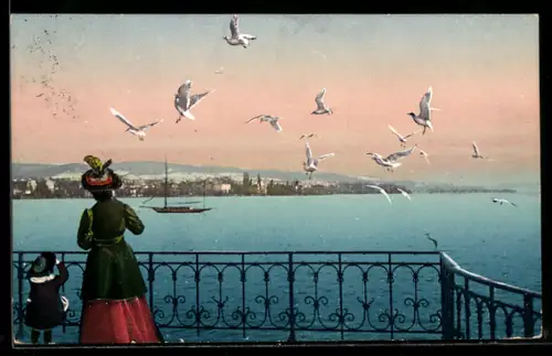 AK Zürich, Frau und Kind auf Seepromenade mit Möwen