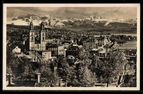 AK Zürich, Gesamtansicht mit Alpenpanorama