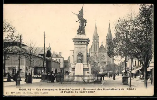 AK Moulins, Vue densemble, Marché-Couvert, Monument des Combattants, Sacré-Coeur
