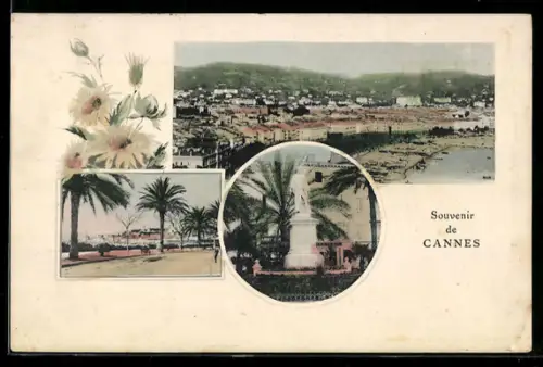 AK Cannes, Panorama und Promenade mit Palmen und Denkmal