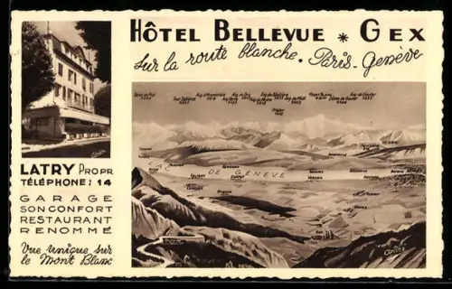 AK Gex, Hôtel Bellevue, Gex sur la route blanche