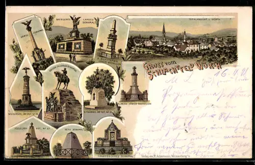 Lithographie Wörth, Hess. Denkmal, 3. Württemb. Jäger-Bataillon, Kaiser Friedrich Denkmal