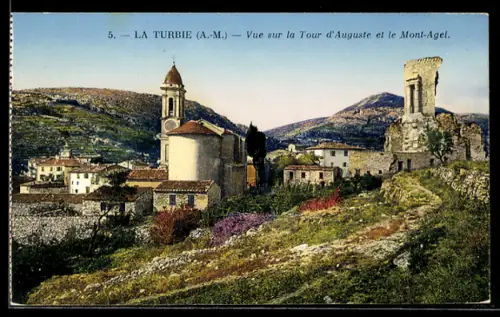 AK La Turbie /A.-M., Vue sur la Tour d`Auguste et le Mont-Agel