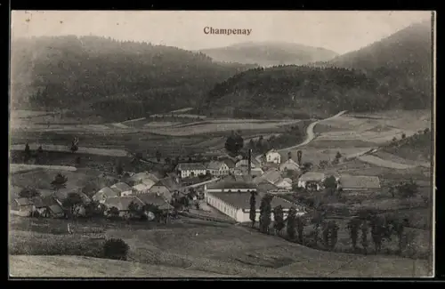 AK Champenay, Dorfansicht mit Brücke und Fabrikschornstein