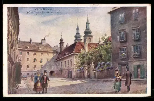 Künstler-AK Alt-Wien, Heiligenkreuzerhof, Kirche und Weinstube