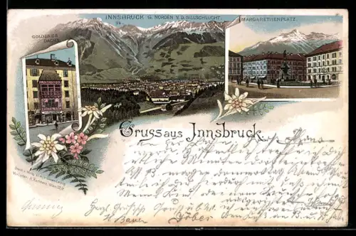 Lithographie Innsbruck, Margarethenplatz, Goldenes Dachl, Totalansicht v. d. Sillschlucht