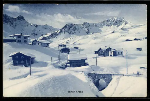 AK Arosa, Inner-Arosa, Panorama mit Brücke und Bergen im Winter