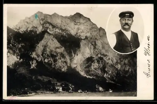 AK Gmunden, Bergpanorama und Wirt des Gasthaus Hoisen