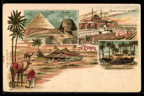 Lithographie Gizeh, Sphynx et Pyramides, Colosse de Ramses II. à Memphis