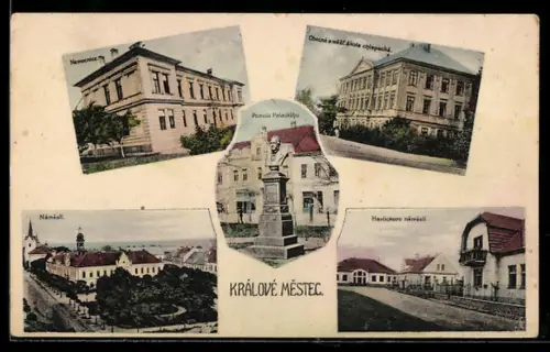 AK Králové Mestec, Námesti, Nemocnice, Obecná a mest. skola chlapecká