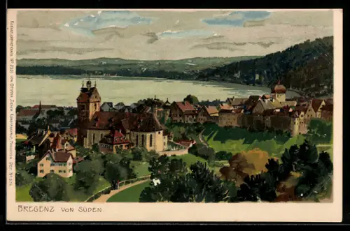 Künstler-AK Zeno Diemer: Bregenz, Panoramablick von Süden auf die Ortschaft