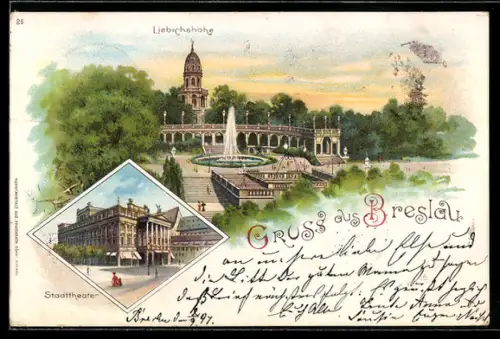 Lithographie Breslau, Liebichshöhe mit Springbrunnen, Stadttheater