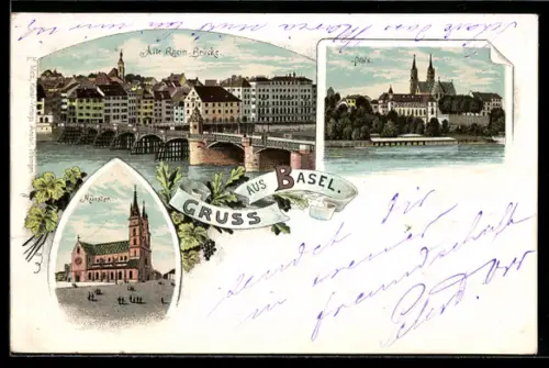 Lithographie Basel, Alte Rhein-Brücke, Pfalz, Münster