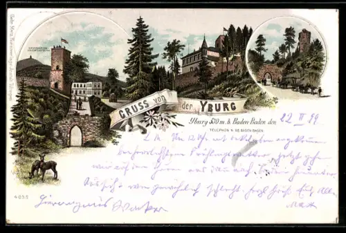 Lithographie Baden-Baden, Gasthaus Yburg, Grossherzog-Friedrichsturm, Tor