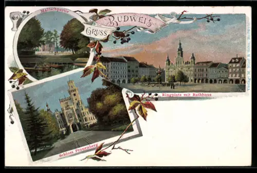 Lithographie Budweis / Ceske Budejovice, Ringplatz mit Rathaus, SchlossFrauenberg, Maltschpartie
