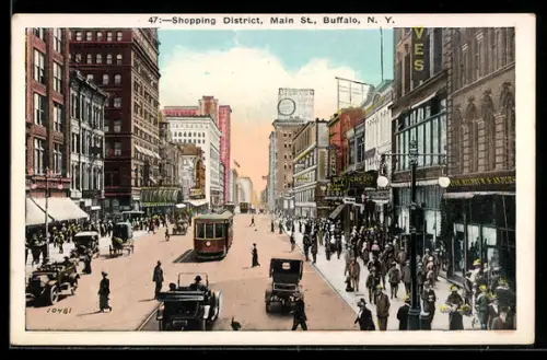 AK Buffalo, N. Y., Shopping District, Main Street, Strassenbahn
