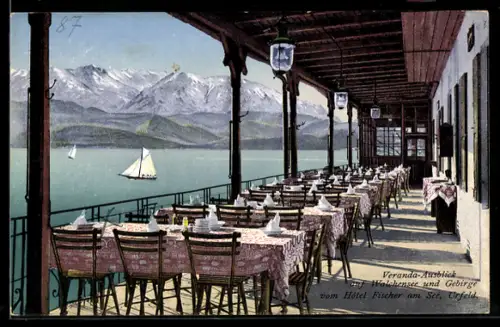 AK Urfeld /Bayern, Hotel Fischer am See, Veranda-Ausblick am Walchensee