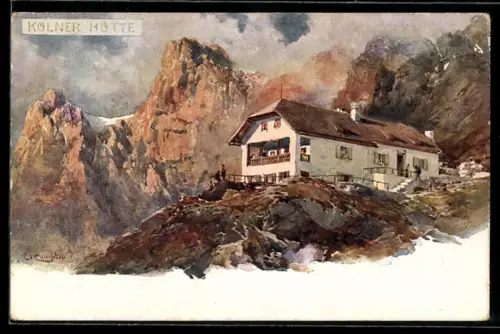 Künstler-AK Edward Theodore Compton: Kölner Hütte gegen Wolken verhüllte Berge