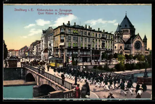 AK Strassburg i. E., Kleberstaden mit Synagoge, Brücke mit Militärmarsch u. Strassenbahn