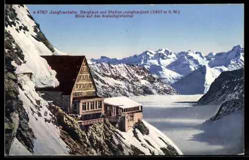 AK Jungfraubahn, Berghaus und Station Jungfraujoch, Blick auf den Aletschgletscher