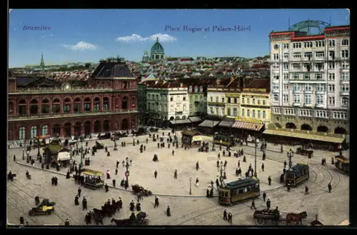 AK Bruxelles, Place Rogier et Palace-Hotel, Strassenbahn