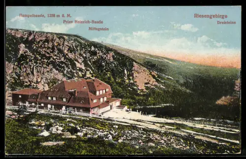 AK Hampelbaude, Ansicht mit Prinz-Heinrich-Baude, Dreisteine und Mittagstein