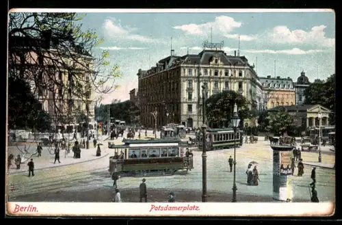AK Berlin, Strassenbahn & Litfasssäule am Potsdamerplatz, Palasthotel
