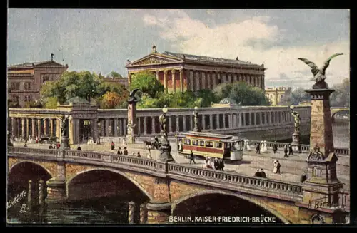 AK Berlin, Kaiser Friedrich Brücke mit Strassenbahn