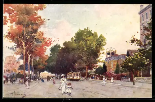 Künstler-AK Lido-Venezia, Gran Viale S. Maria Elisabetta, Strassenbahn