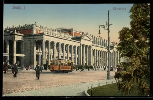 AK Stuttgart, Königsbau mit Strassenbahn und Leuten