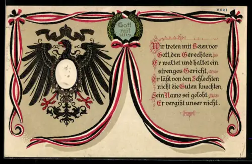 AK Kaiser Wilhelm II. Büste im Adlerbauch, Gedicht und Schleifenarrangenment