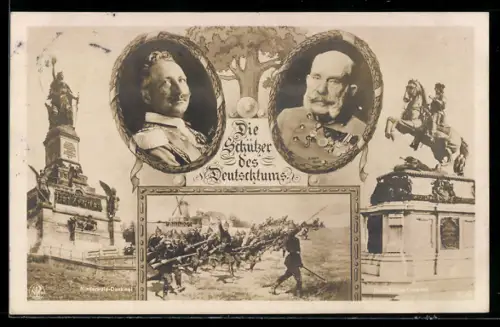 AK Die Schützer des Deutschtums, Kaiser Franz Josef I. von Österreich und Kaiser Wilhelm II., Zweibund