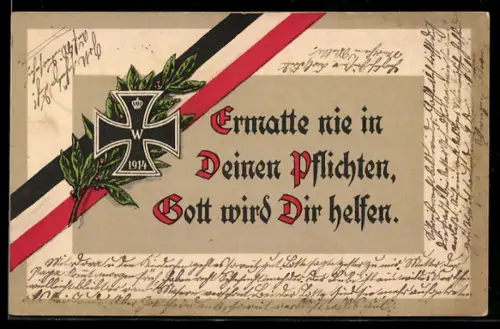AK Ermatte nie in Deinen Pflichten-Gott wird dir Helfen!, Eisernes Kreuz, Band in Reichsfarben