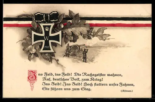 AK Eisernes Kreuz mit Eichenblättern, Soldaten mit Geschütz in Feuerstellung, Spruch