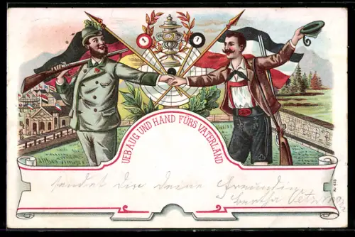 Lithographie Dresden, Schützenverein, XIII. Dt. Bundesschiessen 1900, Zwei Schützen mit Gewehren