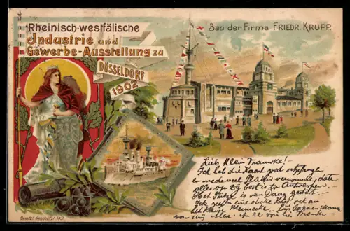 Lithographie Düsseldorf, Industrie und Gewerbe-Ausstellung 1902, Bau der Firma Friedr. Krupp, Kriegsschiff