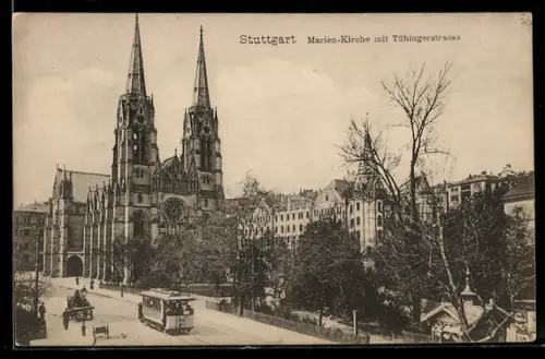 AK Stuttgart, Marien-Kirche mit Tübingerstrasse, Strassenbahn