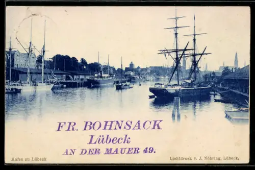 AK Lübeck, Hafen zu Lübeck mit Frachtdampfern und Segelschiffen