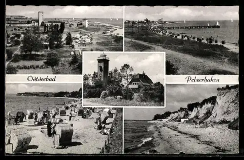 AK Pelzerhaken, Ostseestrand mit Strandkörben, Blick auf die Landungsbrücke, Steilküste