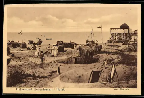 AK Kellenhusen i. Holst., Strand mit Strandkörben und Bad