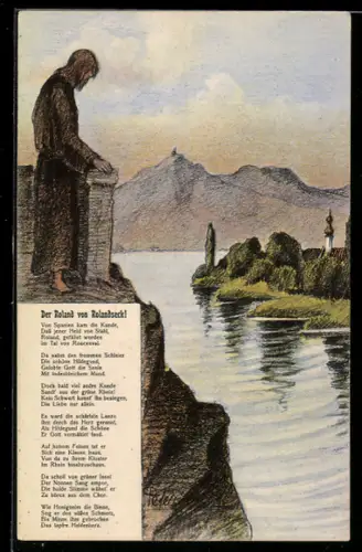 Künstler-AK Rolandswerth, Roland von Rolandseck, Rheinlandschaft, Gedicht