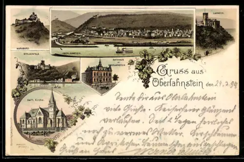 Lithographie Oberlahnstein, Rathaus, Marxburg, Stolzenfels