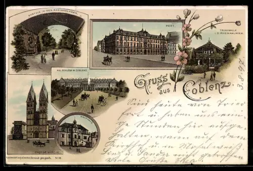 Lithographie Koblenz, Kaufhaus, Trinkhalle i. d. Rheinanlagen, Königliches Schloss